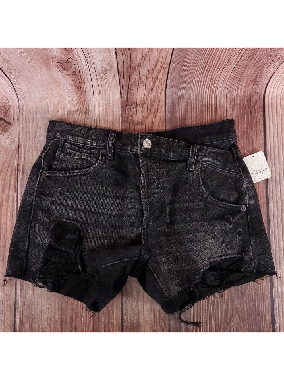 NWT Free People Womens Size 25 Asymmetrical Waist Black Denim Distressed Shorts